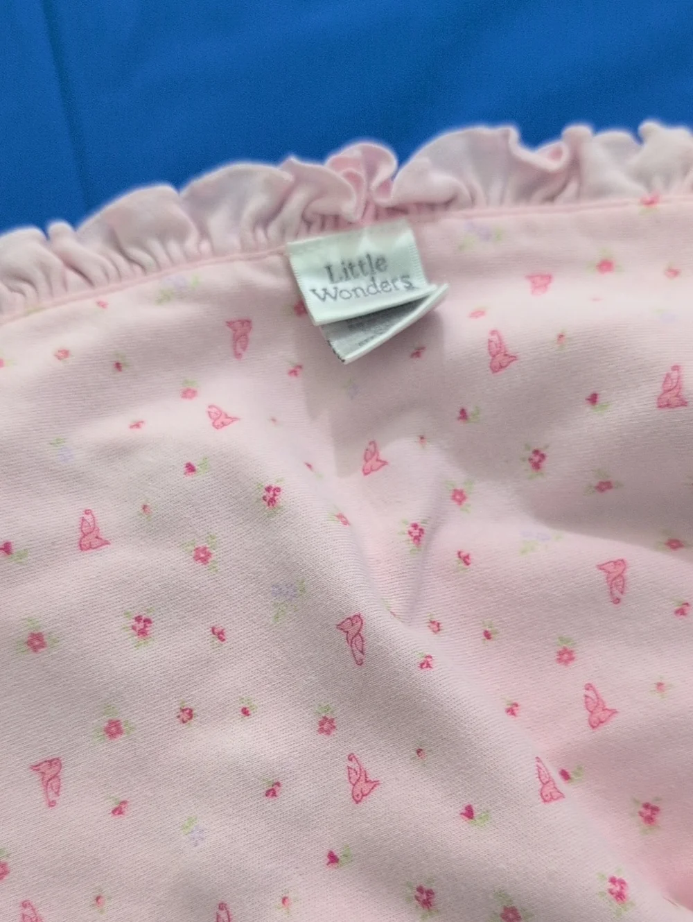 Little Wonders Pink Ruffle Baby Blanket with Tiny Bird & Floral Motif.